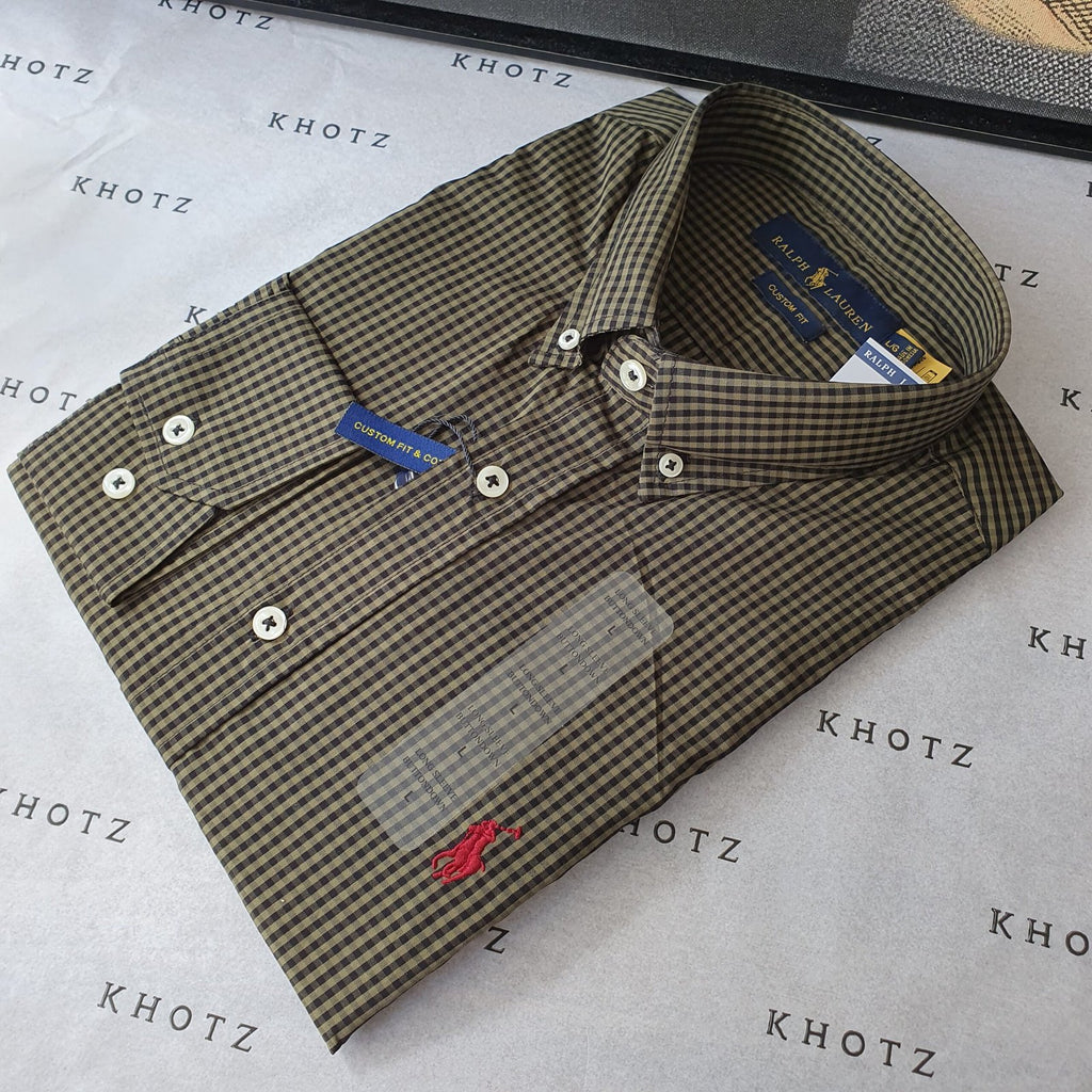 Camisa Ralph Lauren Masculina Micro Xadrez Verde Exército Pony Bordô