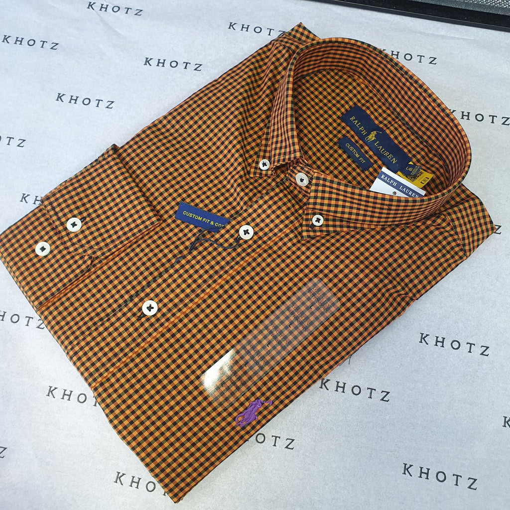 Camisa Ralph Lauren Masculina Micro Xadrez Caramelo Pony Roxo