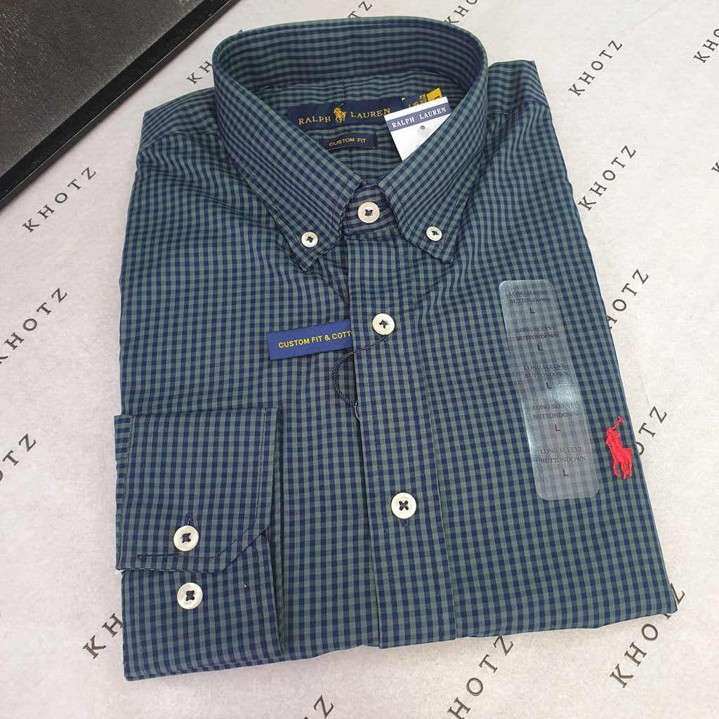 Camisa Ralph Lauren Masculina Micro Xadrez Verde Floresta Pony Vermelho