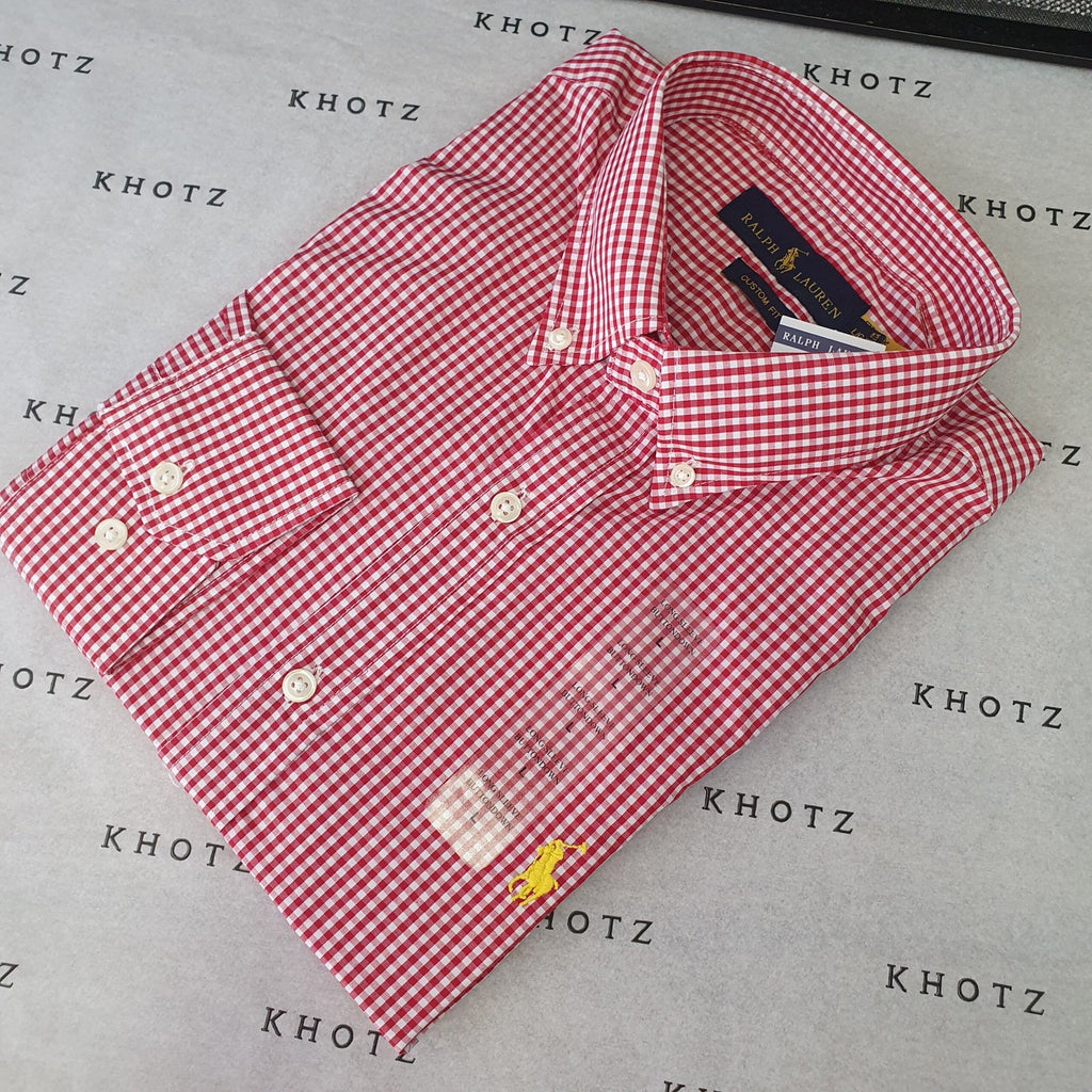 Camisa Ralph Lauren Masculina Micro Xadrez Vermelho Pony Amarelo