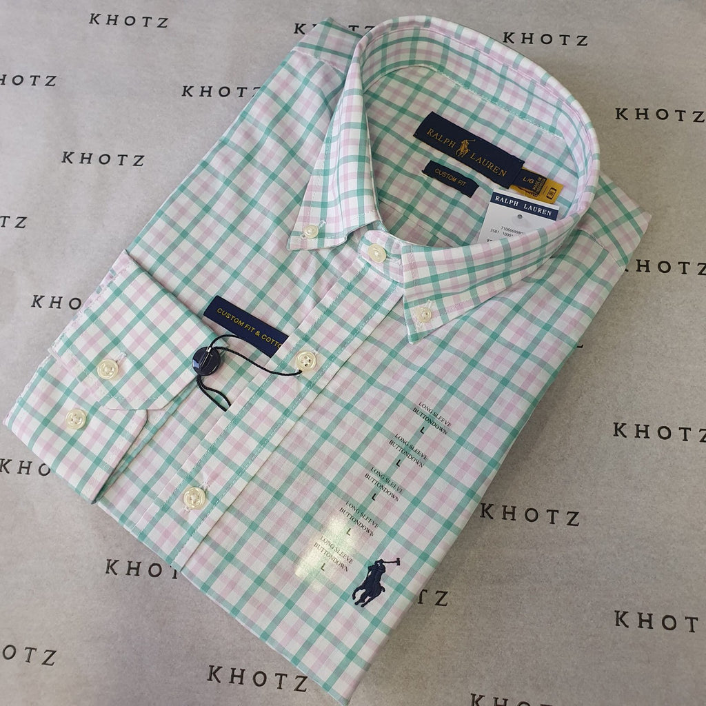 Camisa Ralph Lauren Masculina Xadrez Rosado com Listras Pony Azul