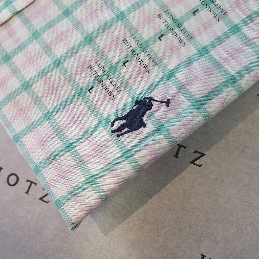 Camisa Ralph Lauren Masculina Xadrez Rosado com Listras Pony Azul