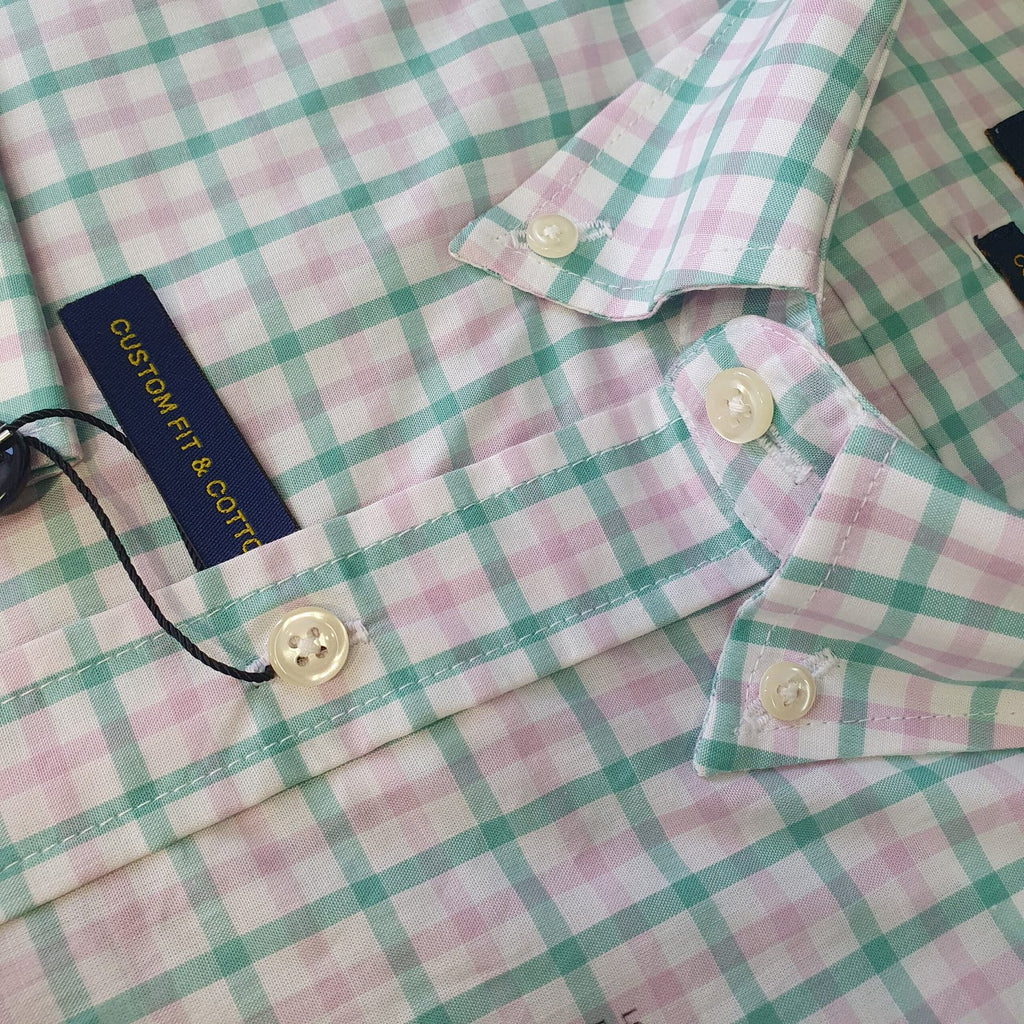 Camisa Ralph Lauren Masculina Xadrez Rosado com Listras Pony Azul