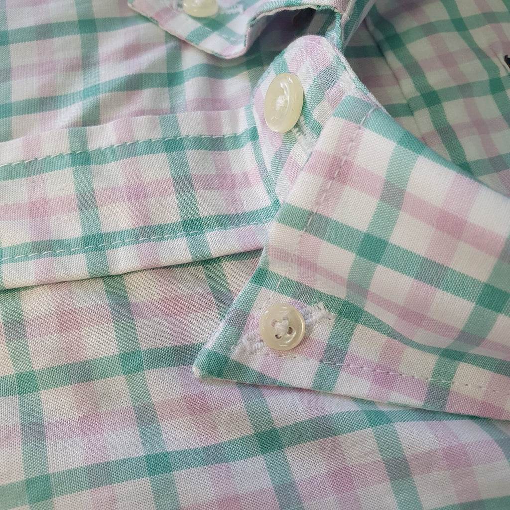 Camisa Ralph Lauren Masculina Xadrez Rosado com Listras Pony Azul
