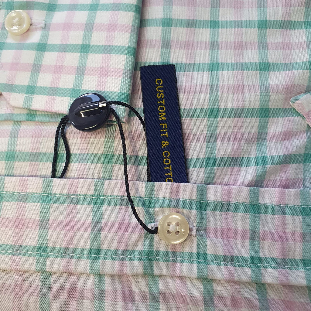 Camisa Ralph Lauren Masculina Xadrez Rosado com Listras Pony Azul