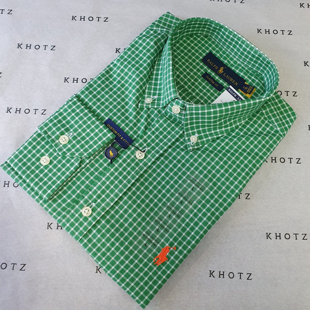 Camisa Ralph Lauren Masculina Xadrez Verde Listras Brancas Pony Laranja