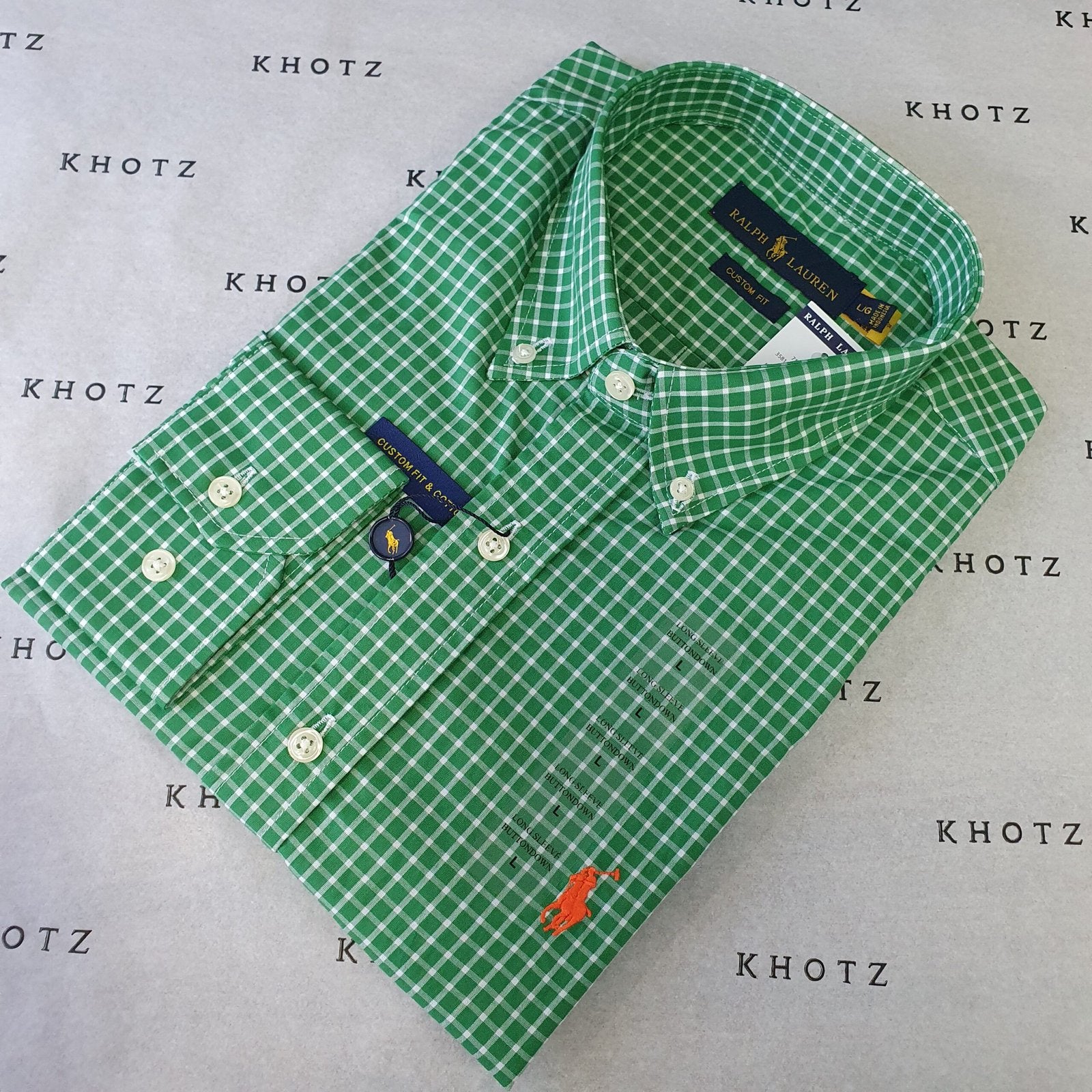 Camisa Ralph Lauren Masculina Xadrez Verde Listras Brancas Pony Laranja