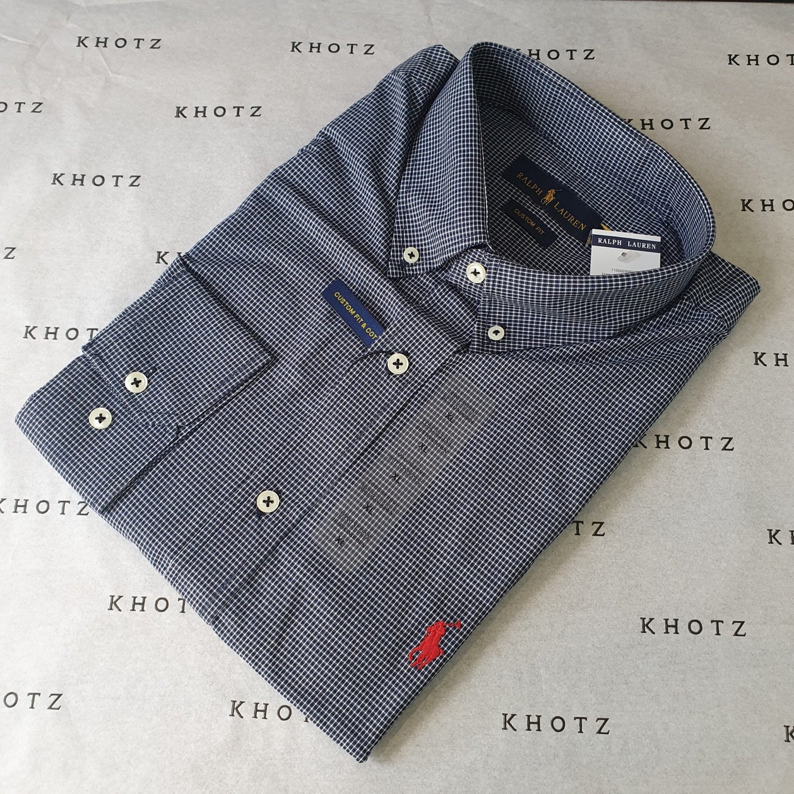 Camisa Ralph Lauren Masculina Micro Xadrez Executivo Azul Pony Vermelho