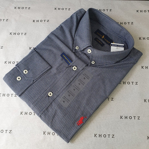 Camisa Ralph Lauren Masculina Micro Xadrez Executivo Azul Pony Vermelho