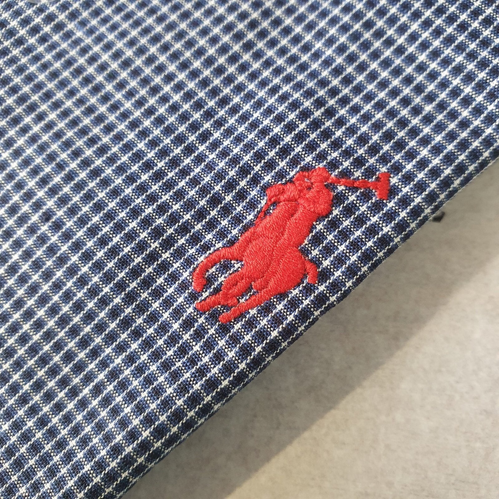Camisa Ralph Lauren Masculina Micro Xadrez Executivo Azul Pony Vermelho