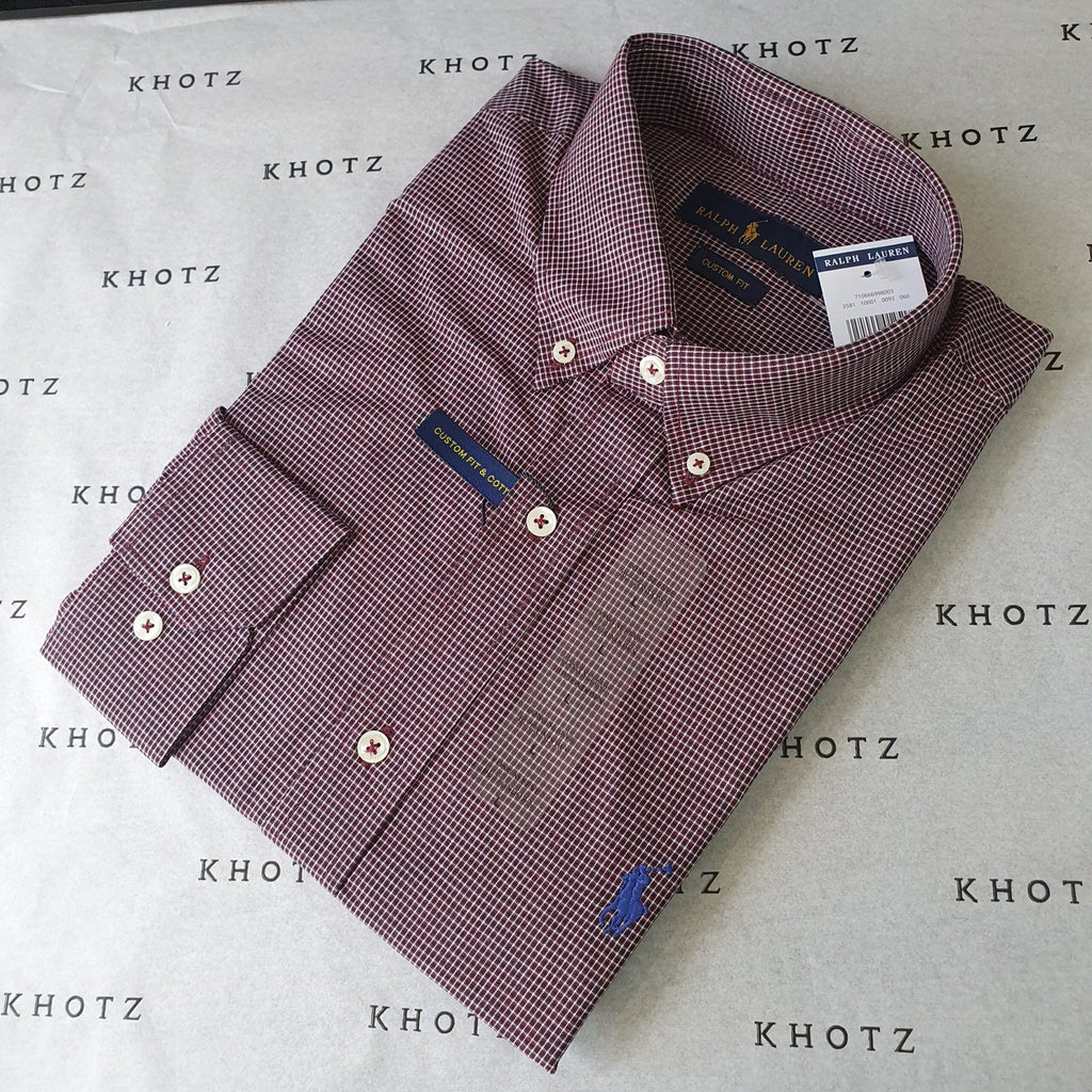 Camisa Ralph Lauren Masculina Micro Xadrez Executivo Bordô Pony Azul