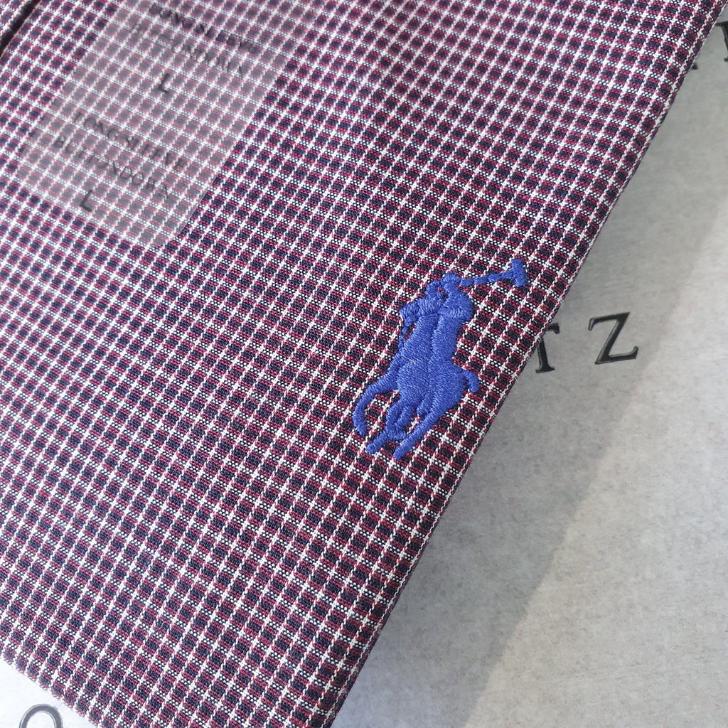 Camisa Ralph Lauren Masculina Micro Xadrez Executivo Bordô Pony Azul