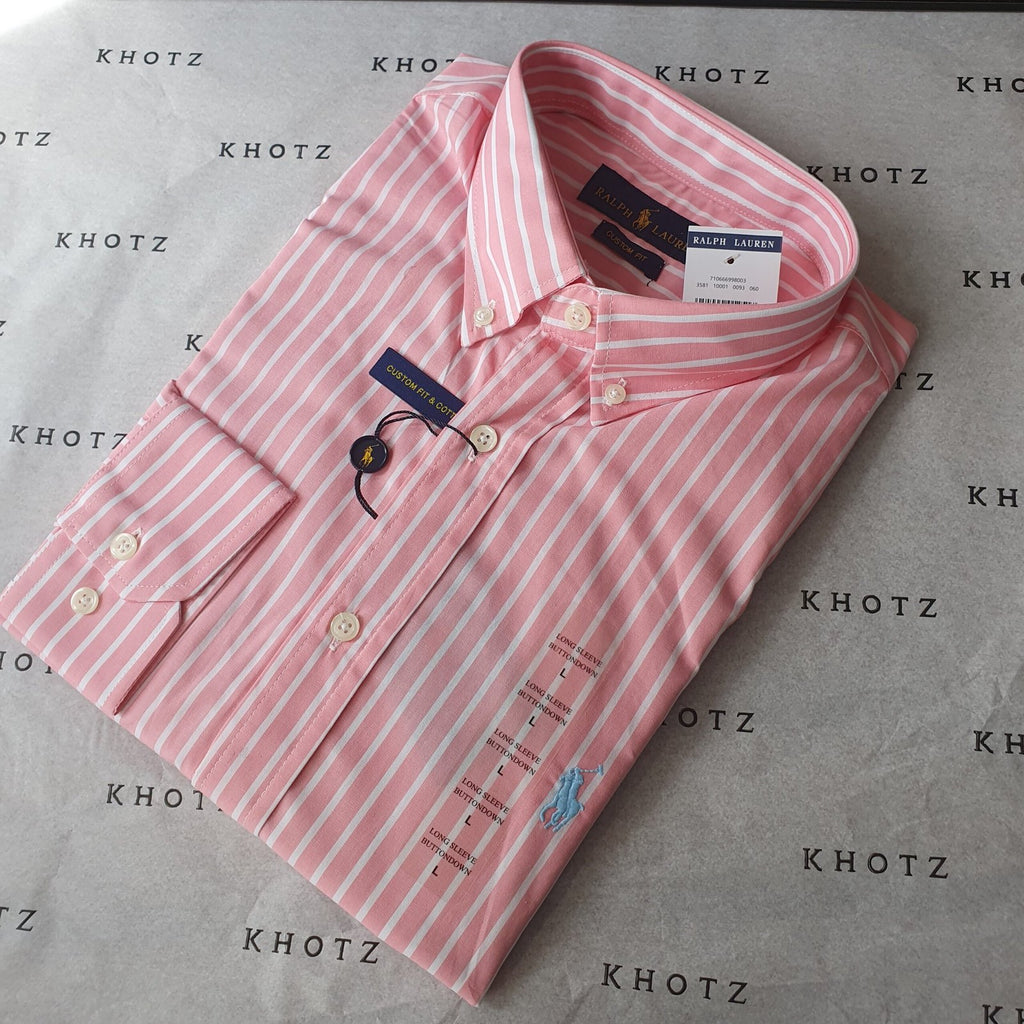 Camisa Ralph Lauren Masculina Rosa Listras Europa Pony Azul Gelo