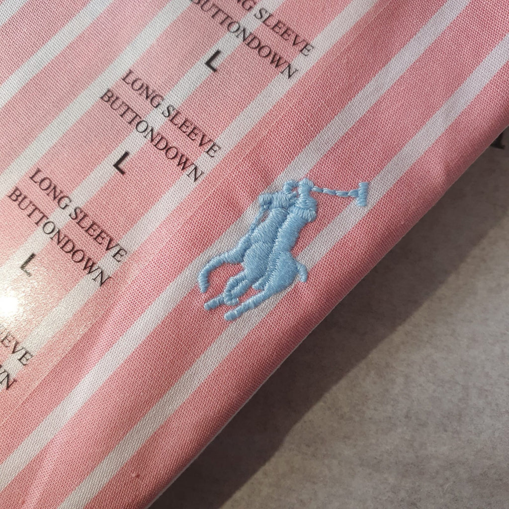 Camisa Ralph Lauren Masculina Rosa Listras Europa Pony Azul Gelo