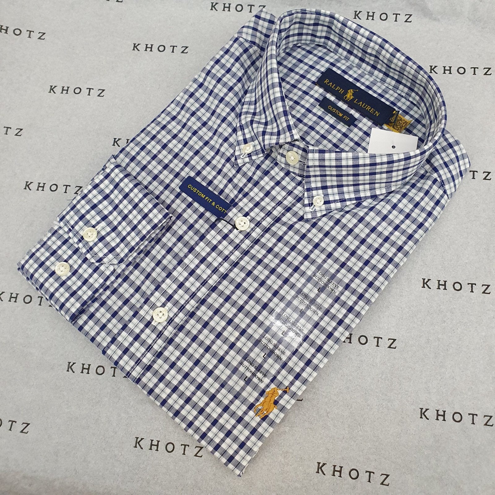 Camisa Ralph Lauren Masculina Xadrez Azul e Branco Pony Dourado