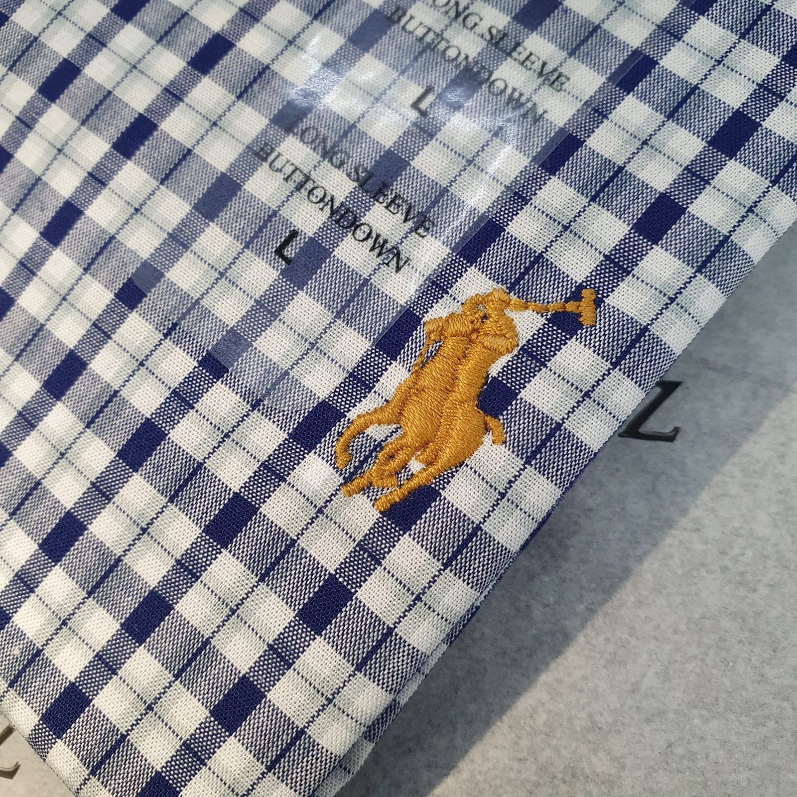 Camisa Ralph Lauren Masculina Xadrez Azul e Branco Pony Dourado