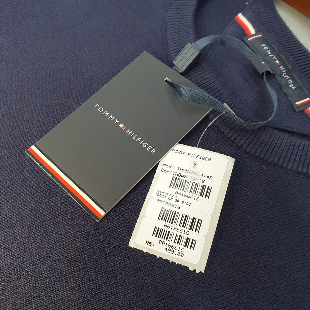 Suéter Tommy Hilfiger Masculino Marinho Clássico Padrão da Marca