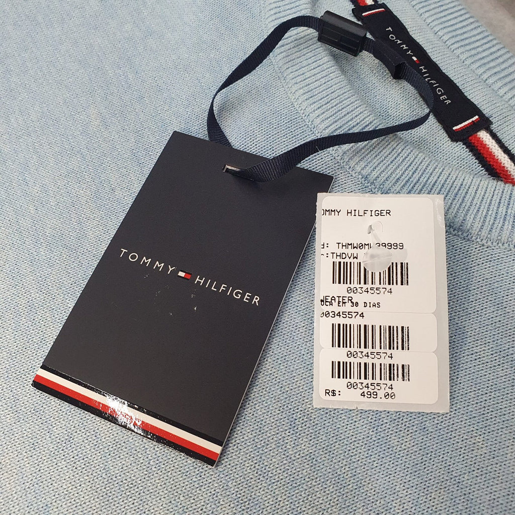 Suéter Tommy Hilfiger Masculino Azul Bebê Clássico Padrão da Marca