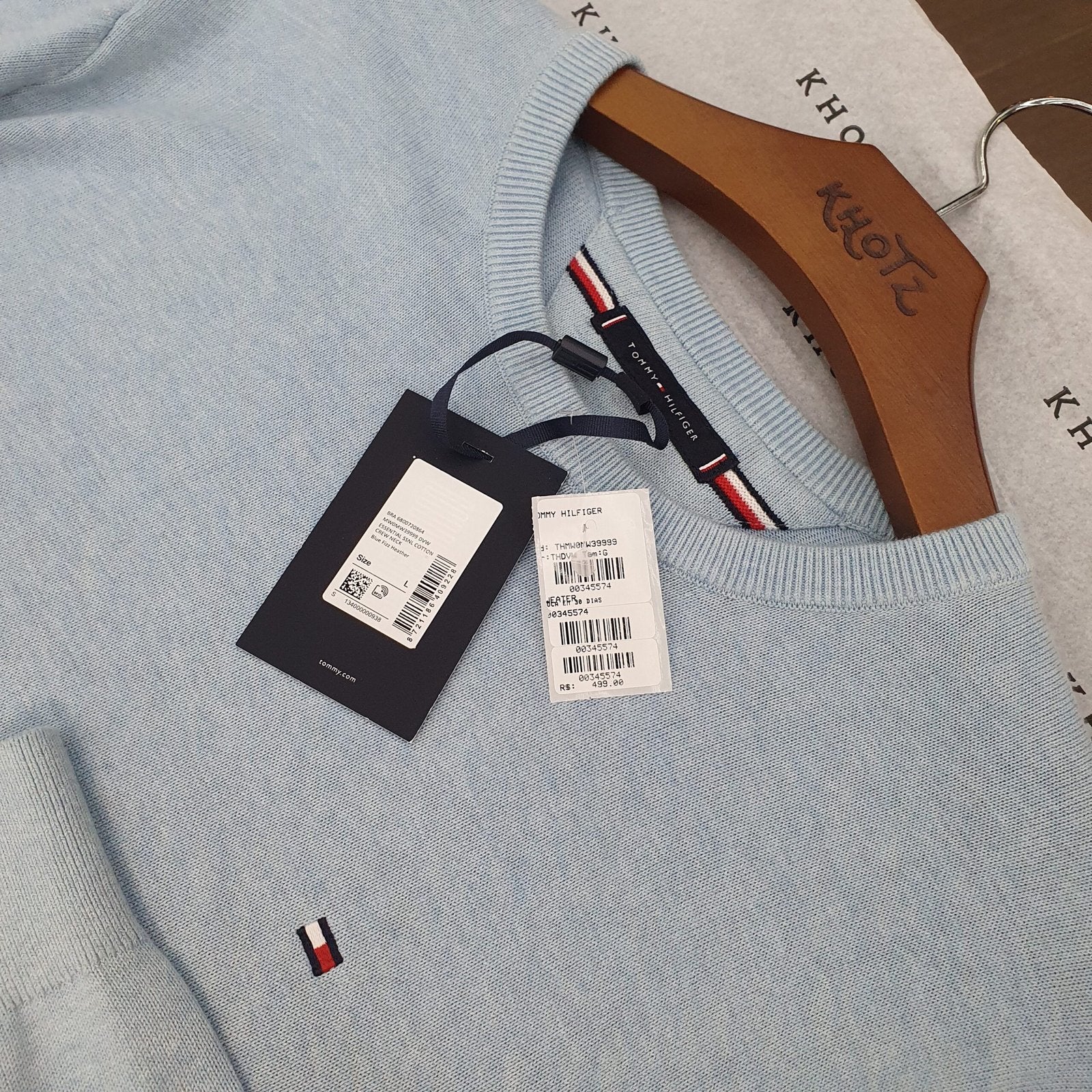 Suéter Tommy Hilfiger Masculino Azul Bebê Clássico Padrão da Marca