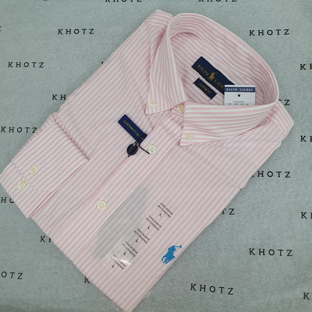 Camisa Ralph Lauren Masculina Rosa Listras Americana Pony Celeste