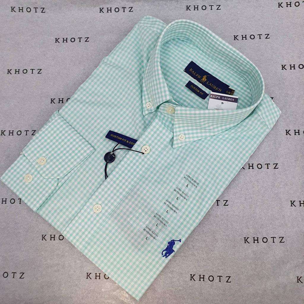 Camisa Ralph Lauren Masculina Micro Xadrez Verde Água Pony Azul