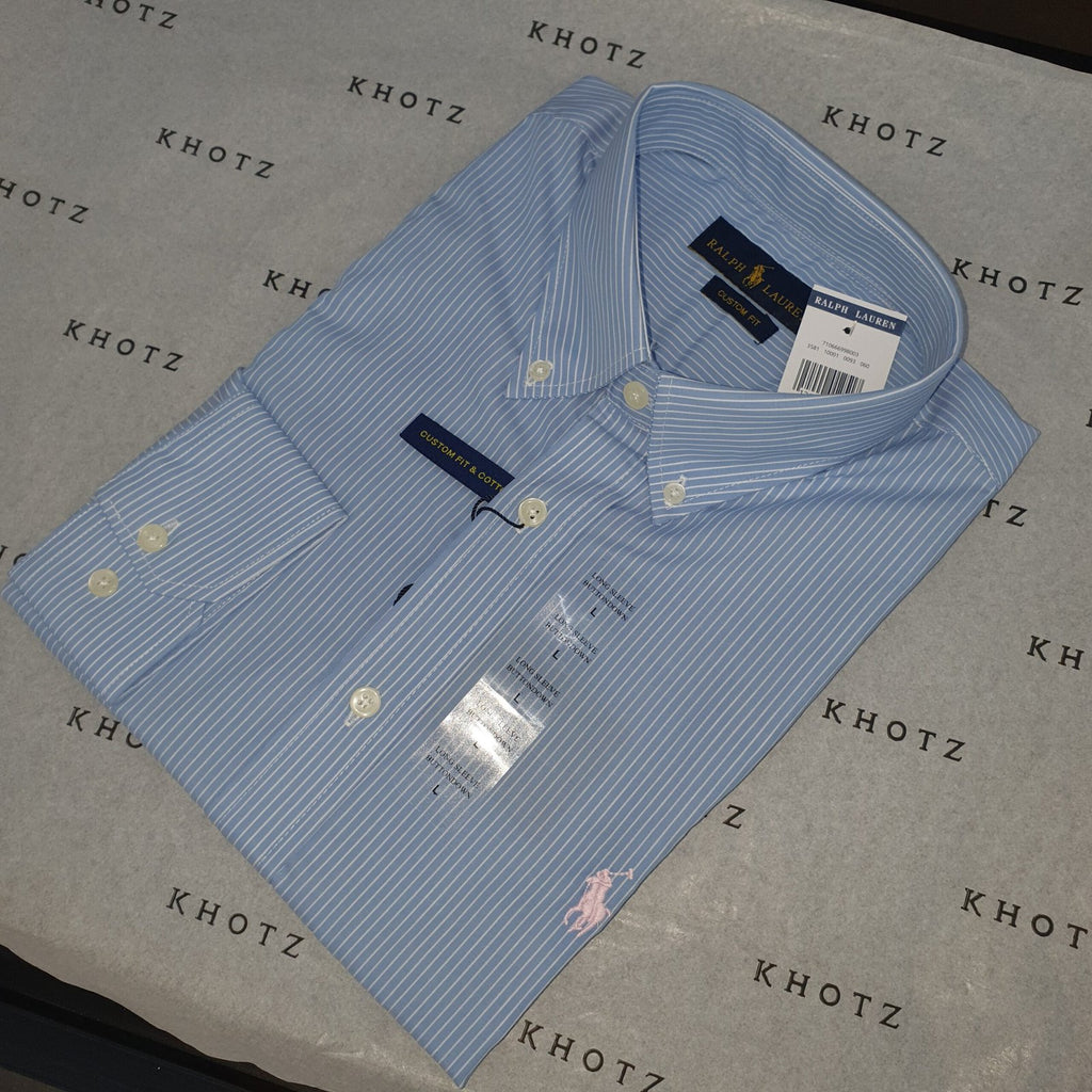 Camisa Ralph Lauren Masculina Azul Bebê Listras Minimalista Pony Rosa