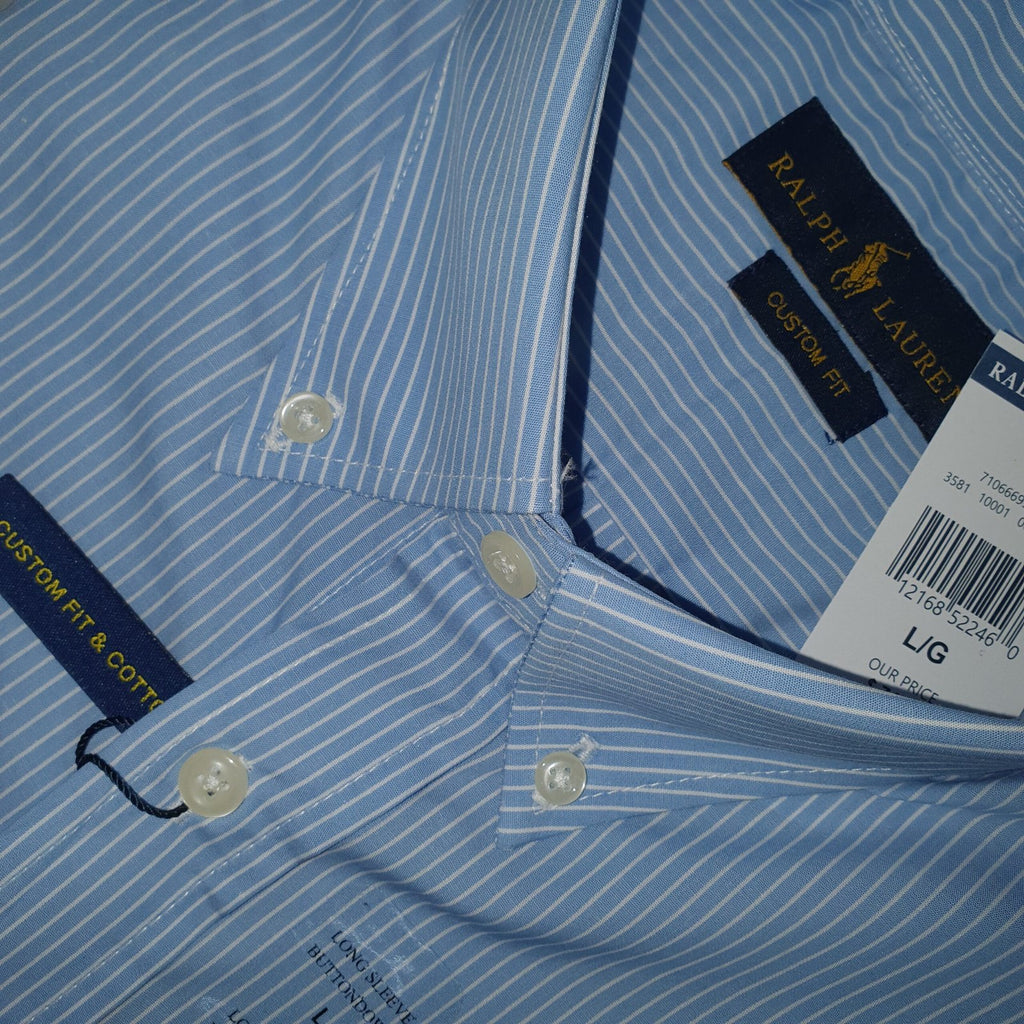 Camisa Ralph Lauren Masculina Azul Bebê Listras Minimalista Pony Rosa