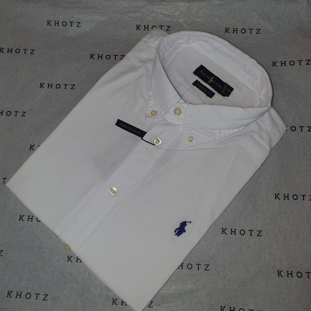 Camisa Ralph Lauren Masculina Oxford Manga Curta Branca Pony Marinho