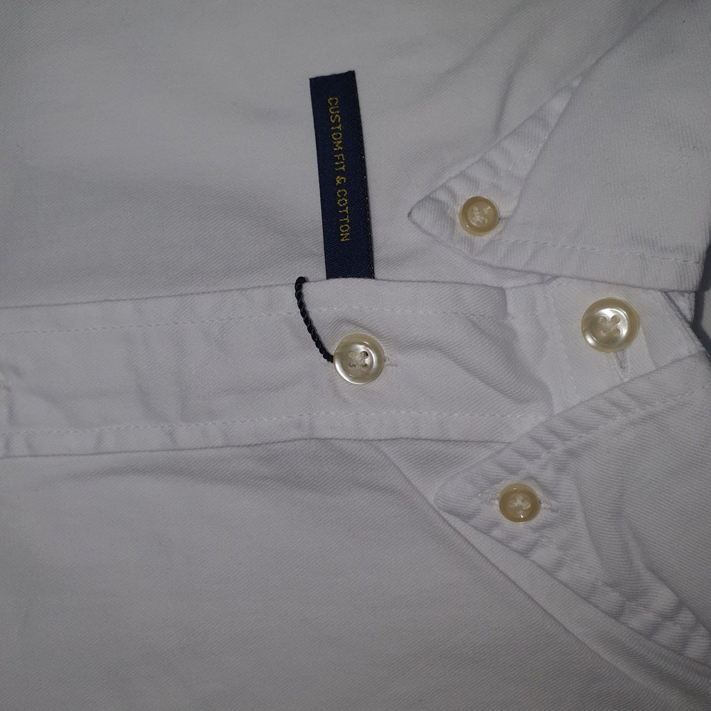 Camisa Ralph Lauren Masculina Oxford Manga Curta Branca Pony Marinho