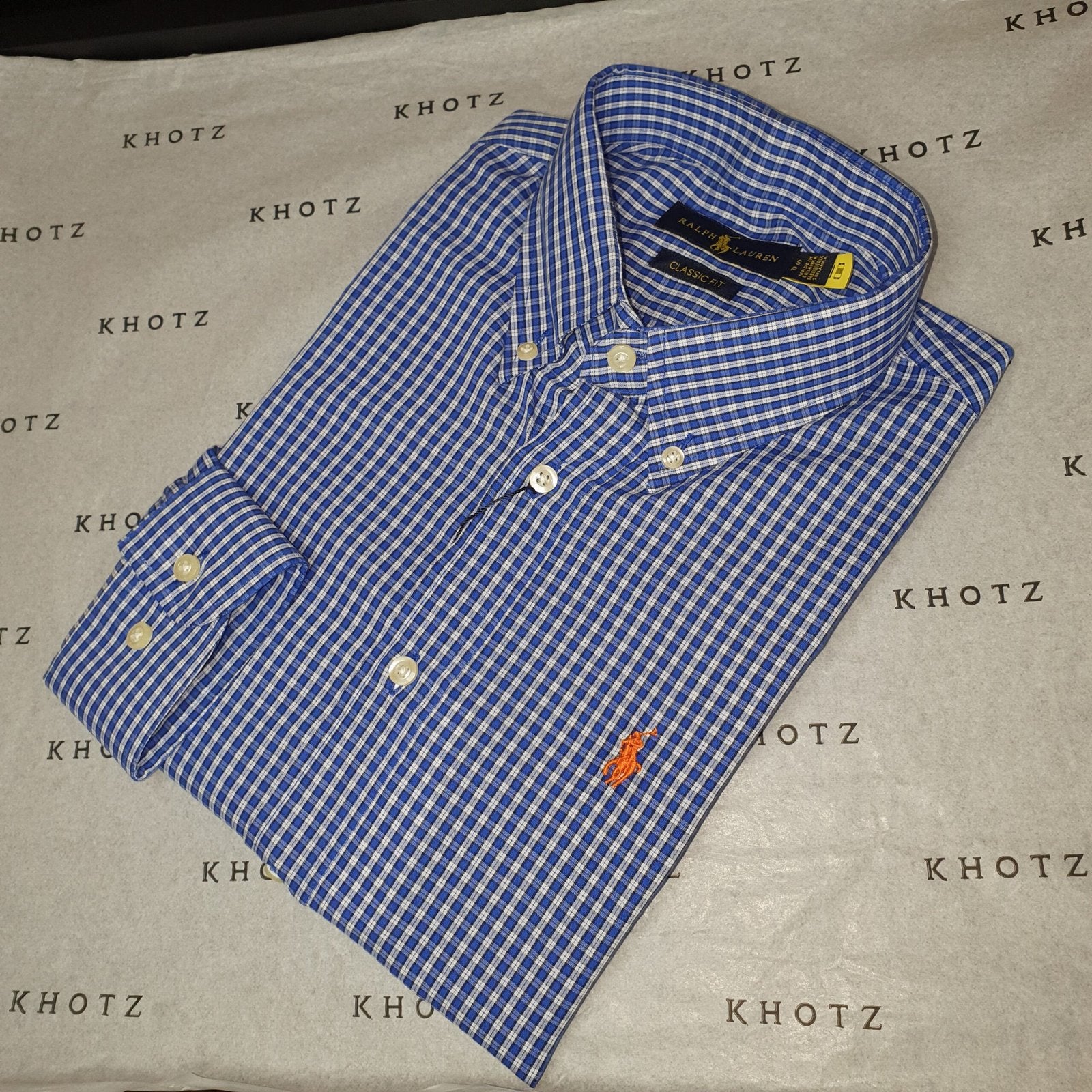 Camisa Ralph Lauren Masculina Xadrez Azul Pony Laranja