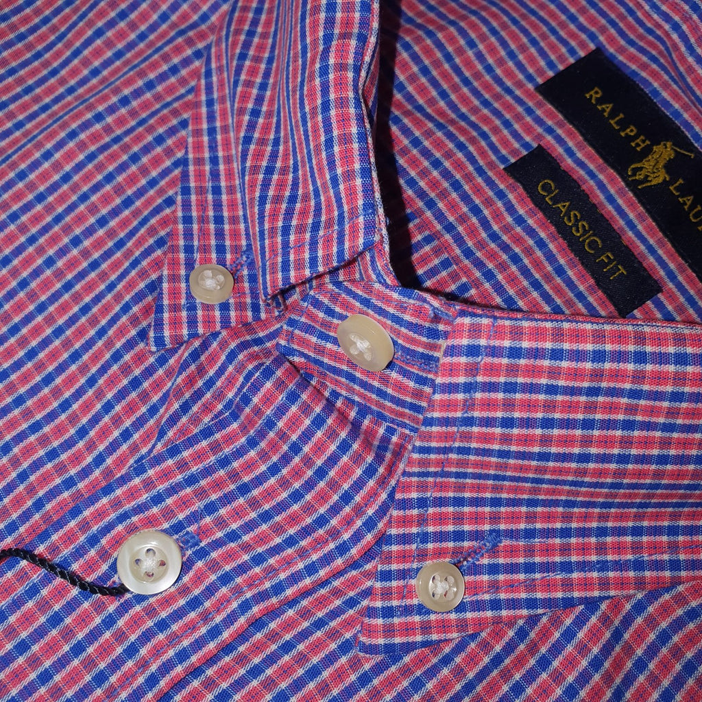 Camisa Ralph Lauren Masculina Vermelha Mini Listras Azuis Pony Branco