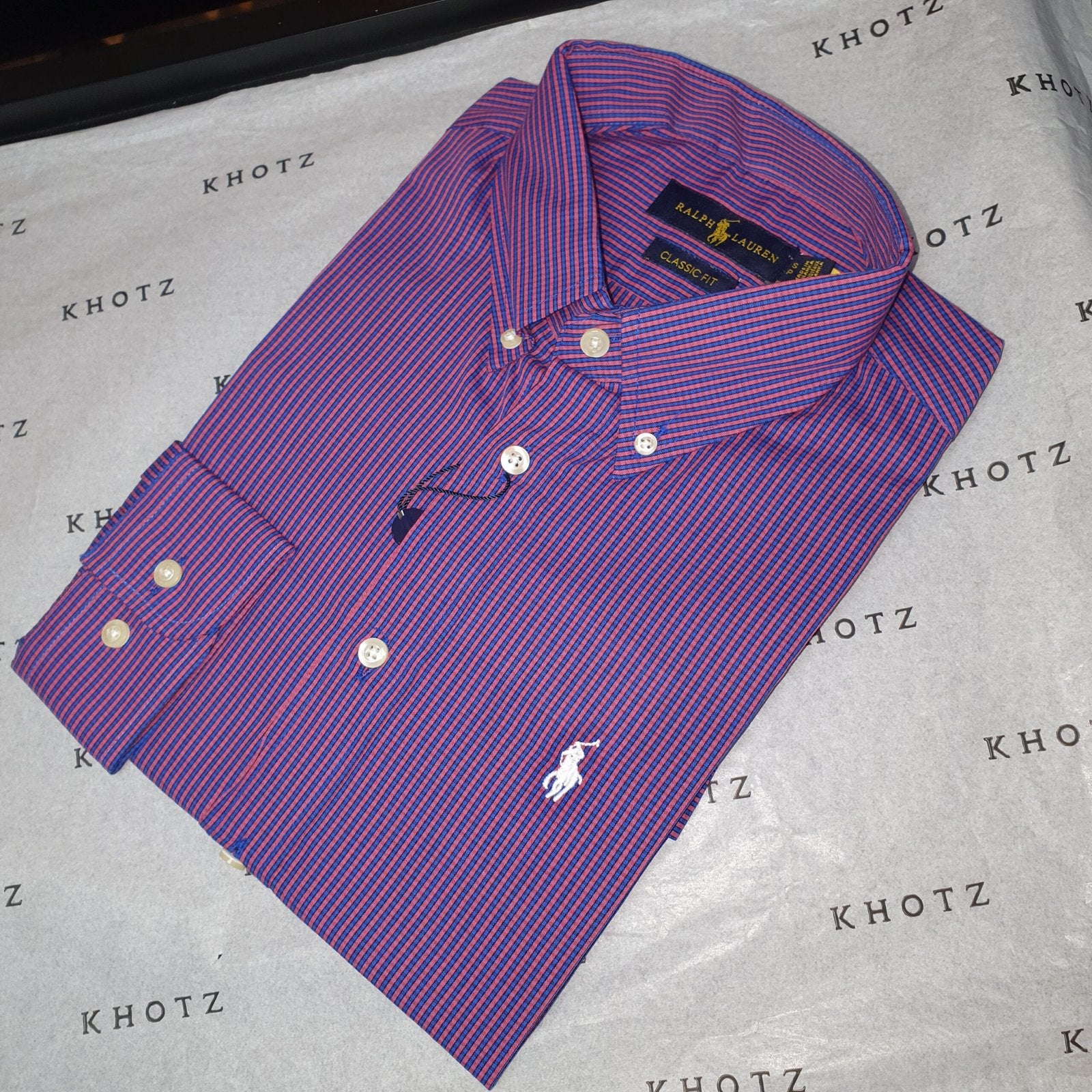 Camisa Ralph Lauren Masculina Roxa Mini Listras Azuis Pony Branco