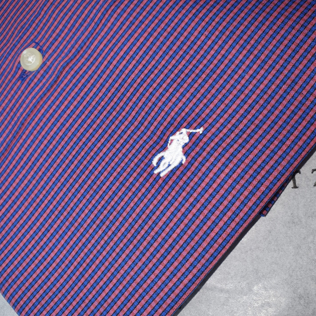 Camisa Ralph Lauren Masculina Roxa Mini Listras Azuis Pony Branco