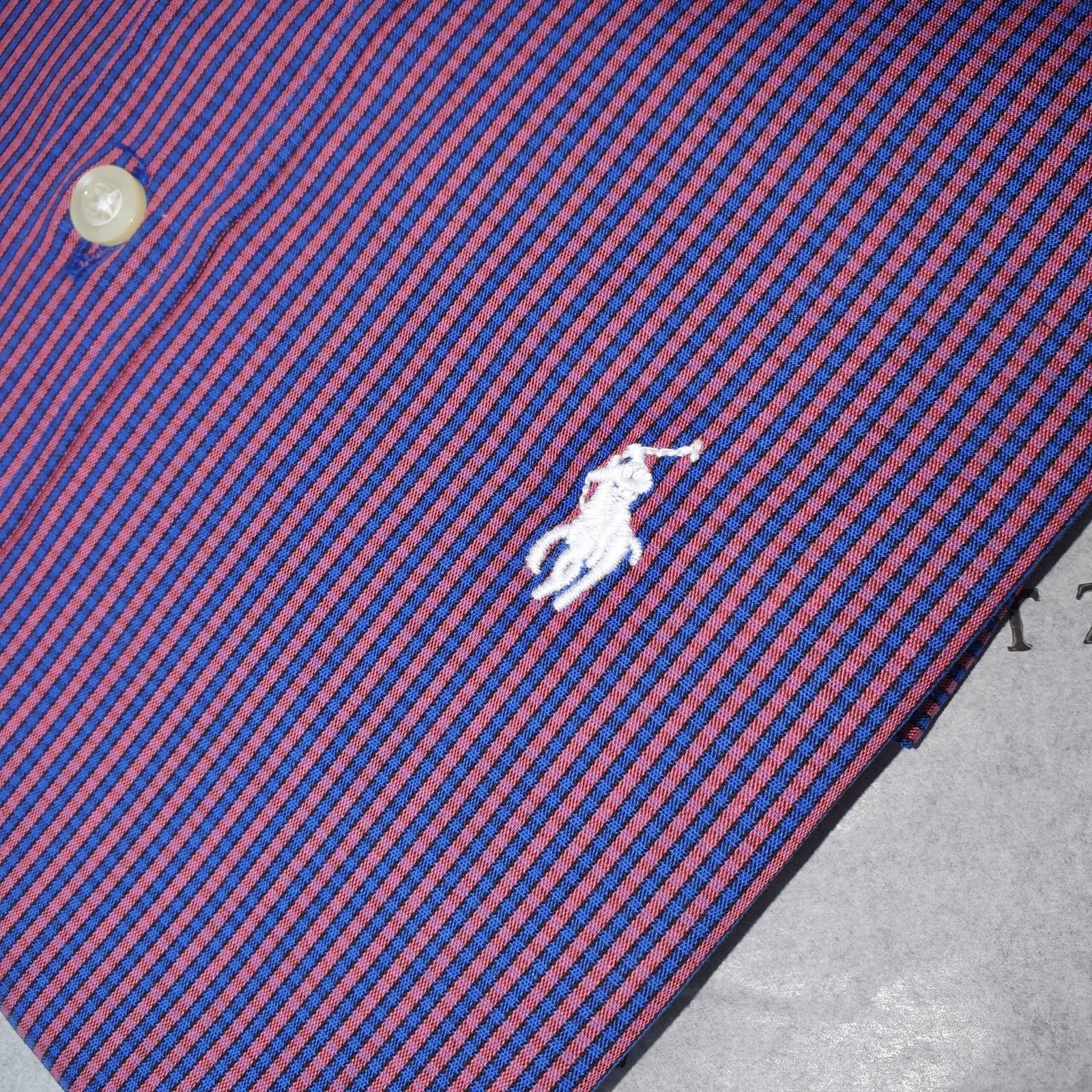Camisa Ralph Lauren Masculina Roxa Mini Listras Azuis Pony Branco