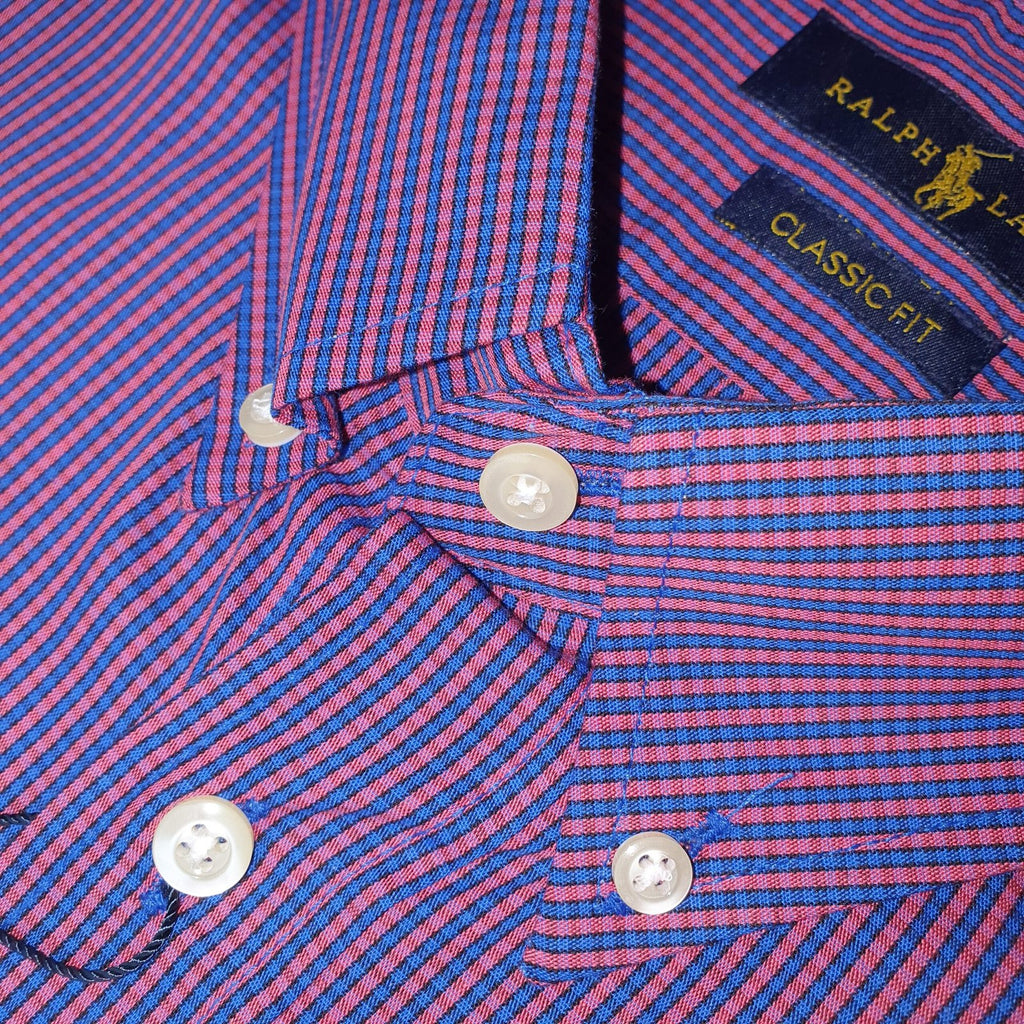 Camisa Ralph Lauren Masculina Roxa Mini Listras Azuis Pony Branco