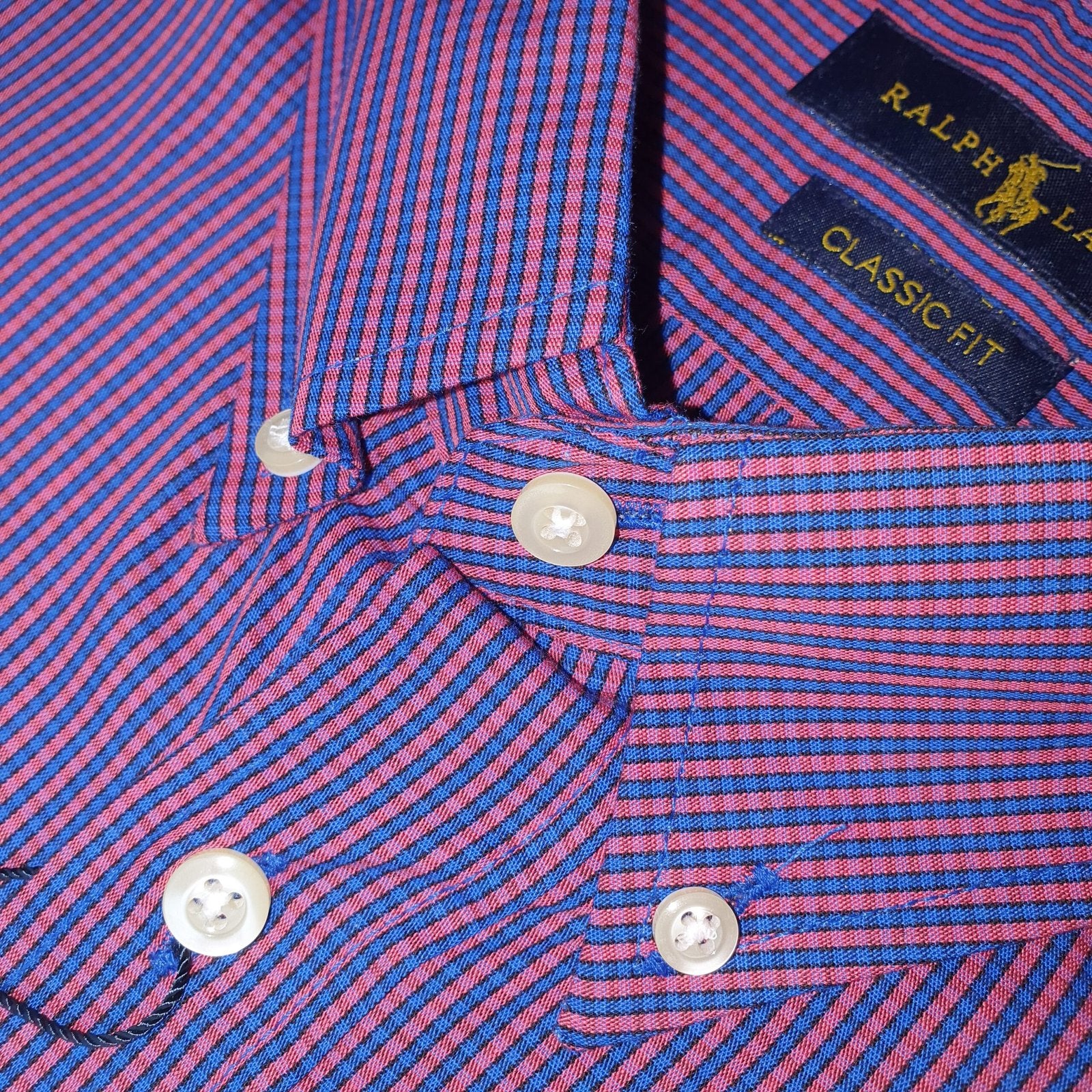 Camisa Ralph Lauren Masculina Roxa Mini Listras Azuis Pony Branco