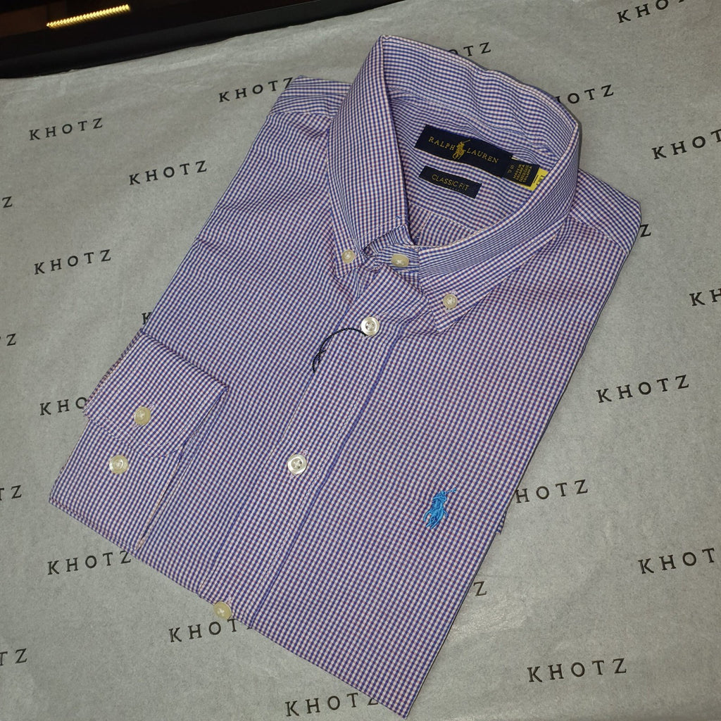 Camisa Ralph Lauren Masculina Micro Xadrez Lavanda Pony Azul Celeste