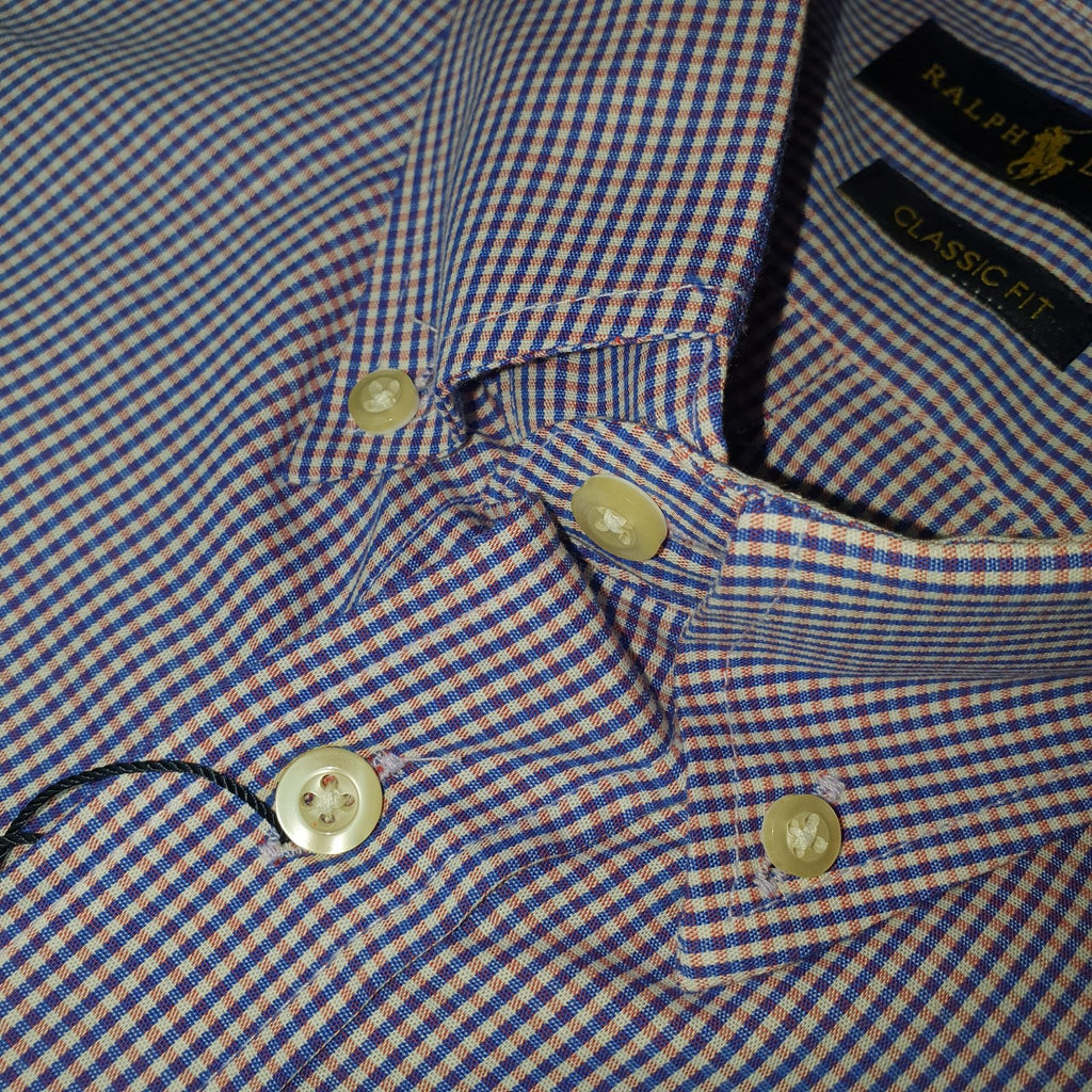 Camisa Ralph Lauren Masculina Micro Xadrez Lavanda Pony Azul Celeste