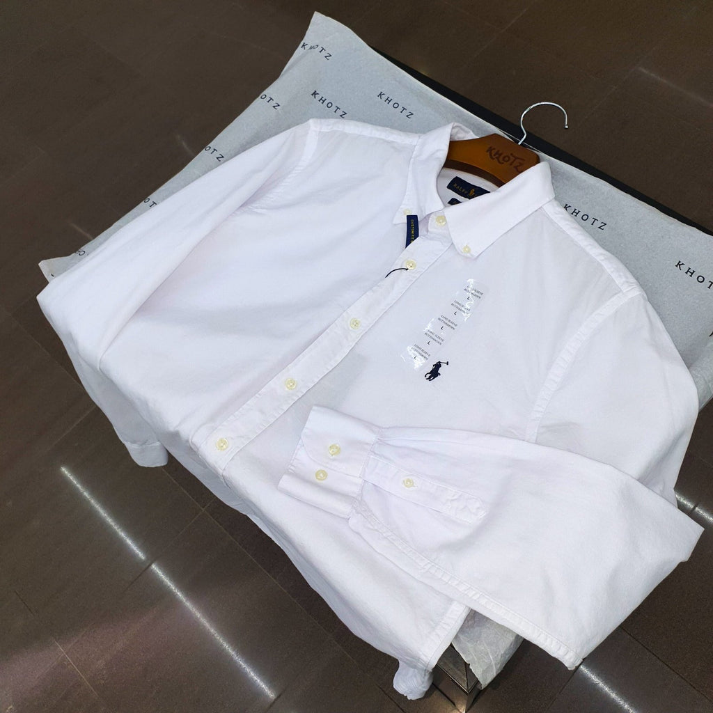 Camisa Ralph Lauren Masculina Oxford Tinturado Branca Pony Marinho