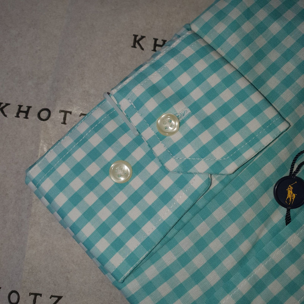 Camisa Ralph Lauren Masculina Xadrez Quadros Verde Água Pony Lilás