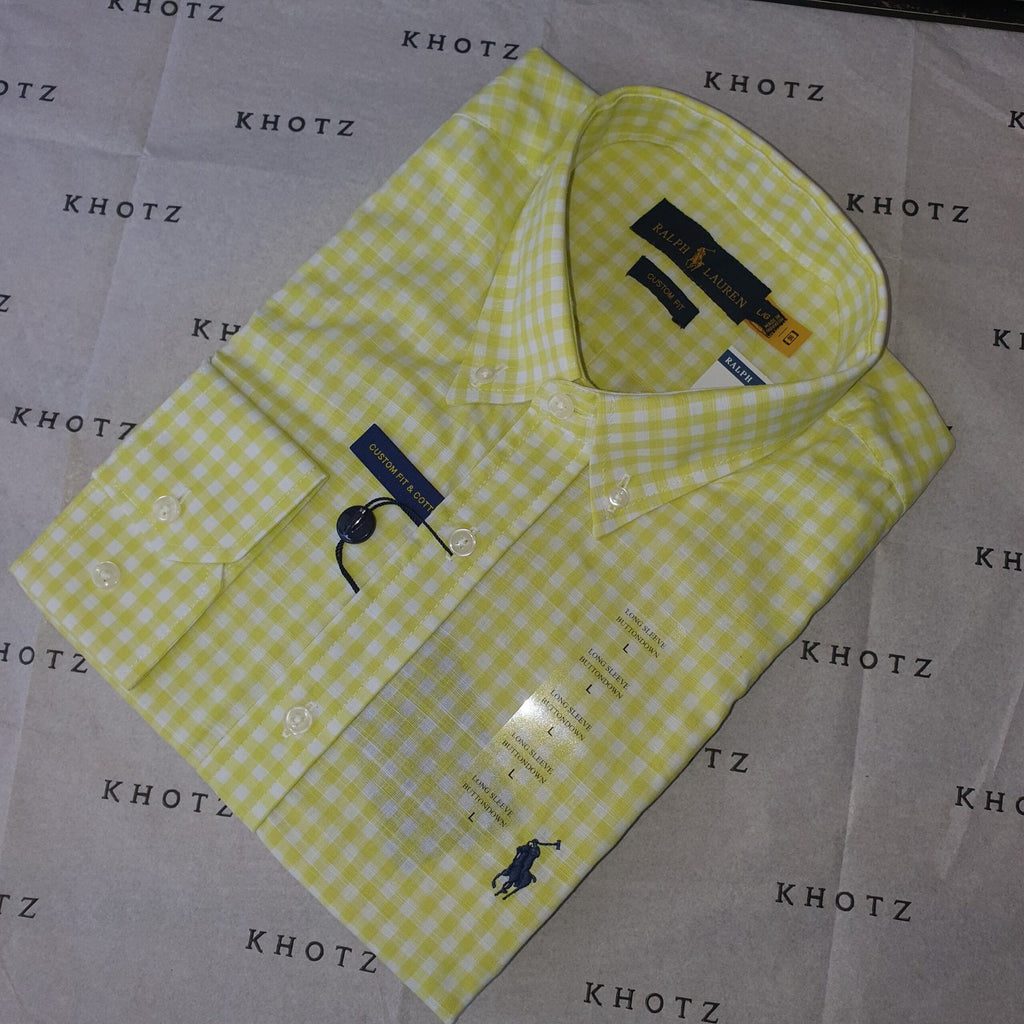 Camisa Ralph Lauren Masculina Xadrez Viscolinho Amarelo Cítrico Pony Marinho