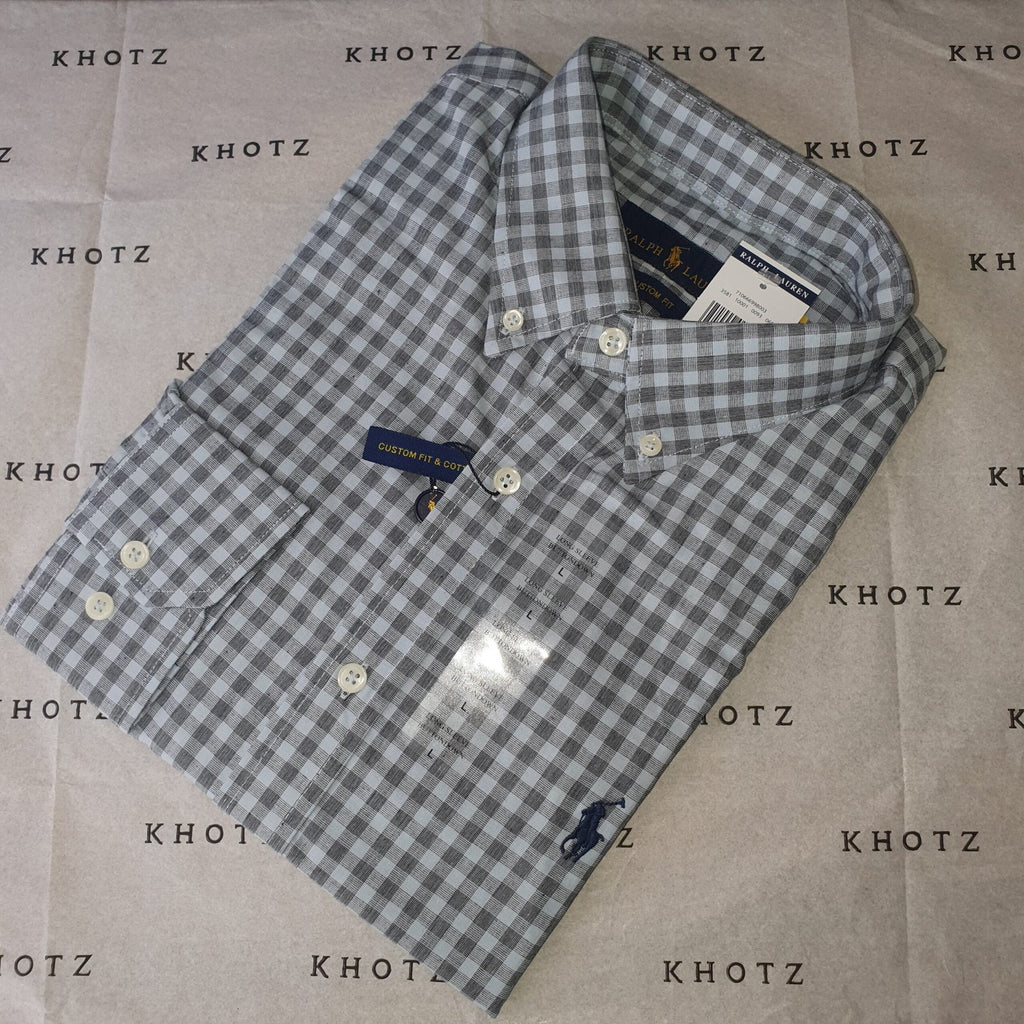 Camisa Ralph Lauren Masculina Xadrez Cinzento Pony Chumbo