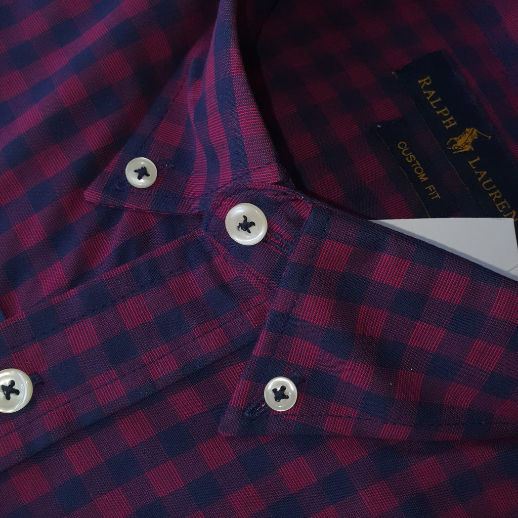 Camisa Ralph Lauren Masculina Xadrez Vinho Pony Azul