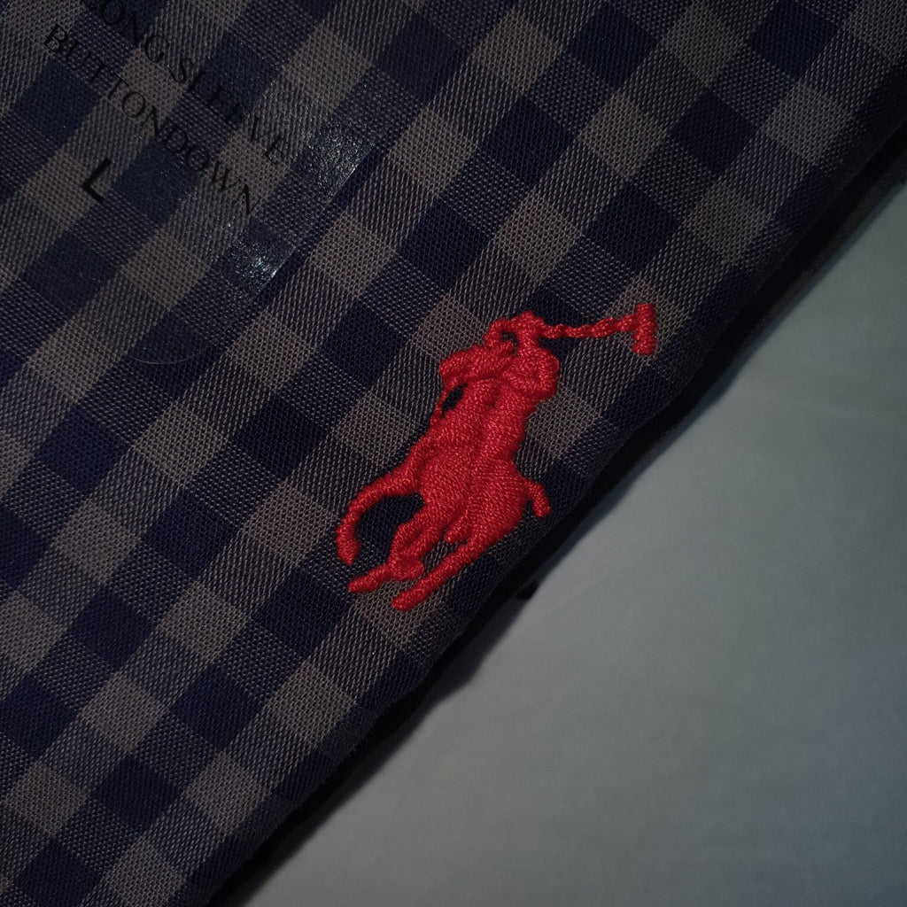 Camisa Ralph Lauren Masculina Xadrez Azul Cinzento Pony Vermelho