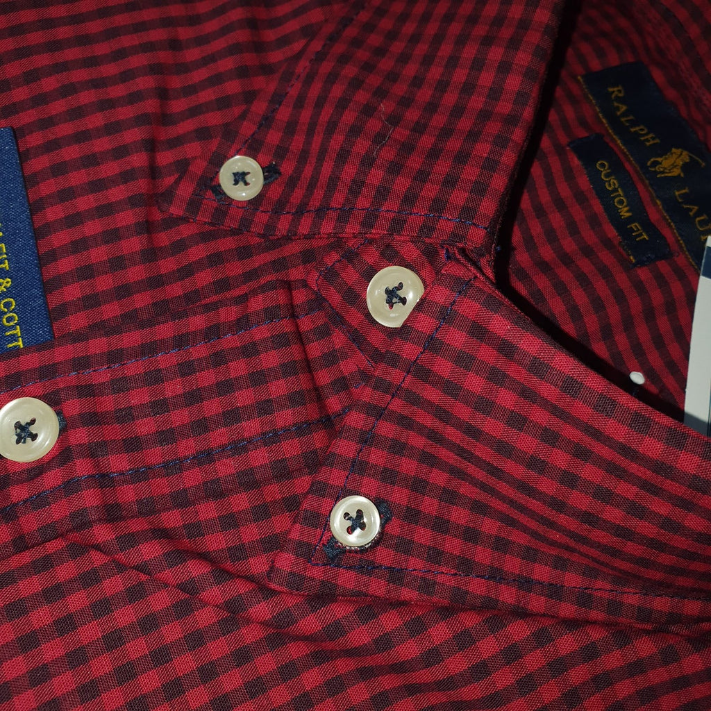Camisa Ralph Lauren Masculina Micro Xadrez Australiano Bordô Pony Azul
