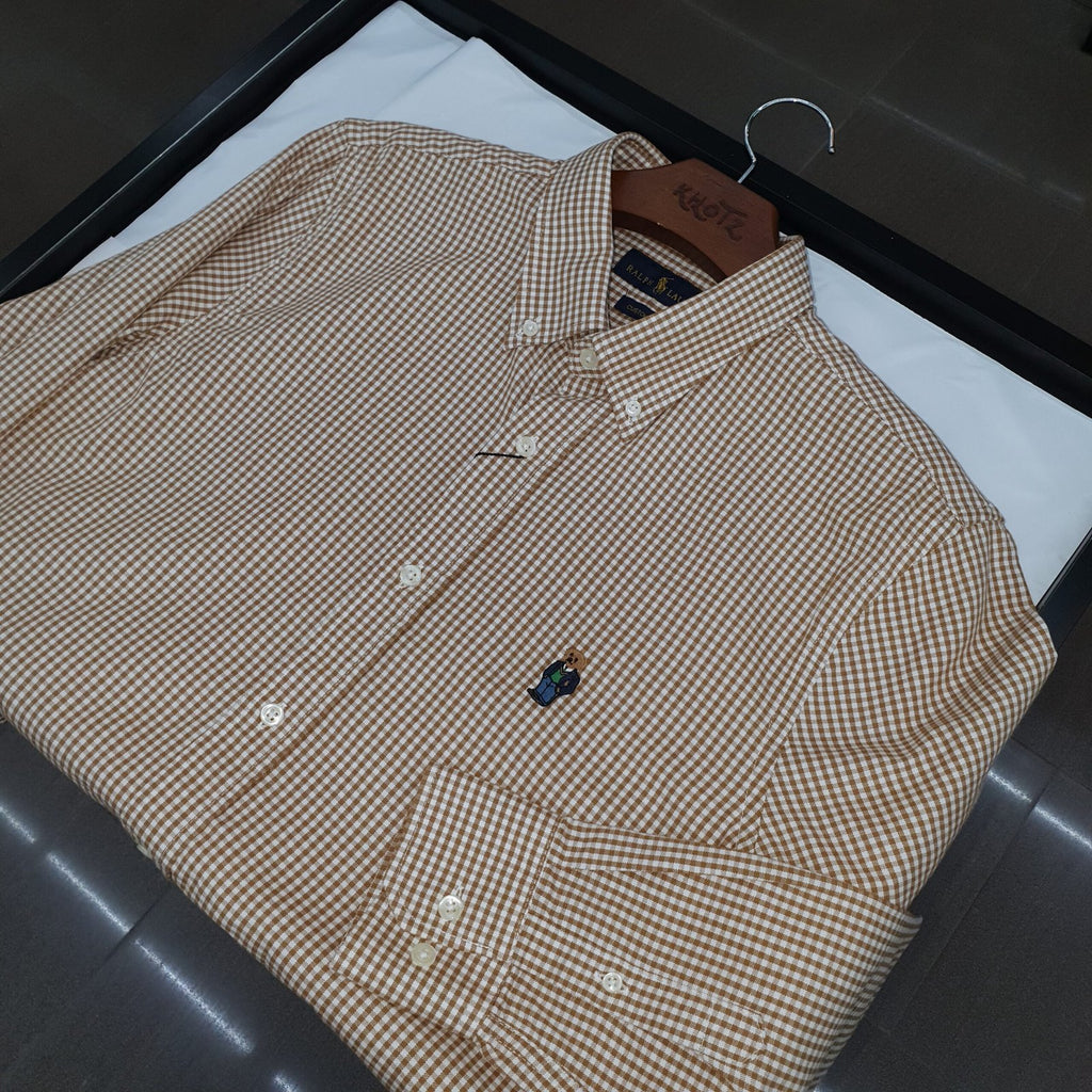 Camisa Ralph Lauren Masculina Oxford Micro Xadrez Clássico Marrom Urso Americano