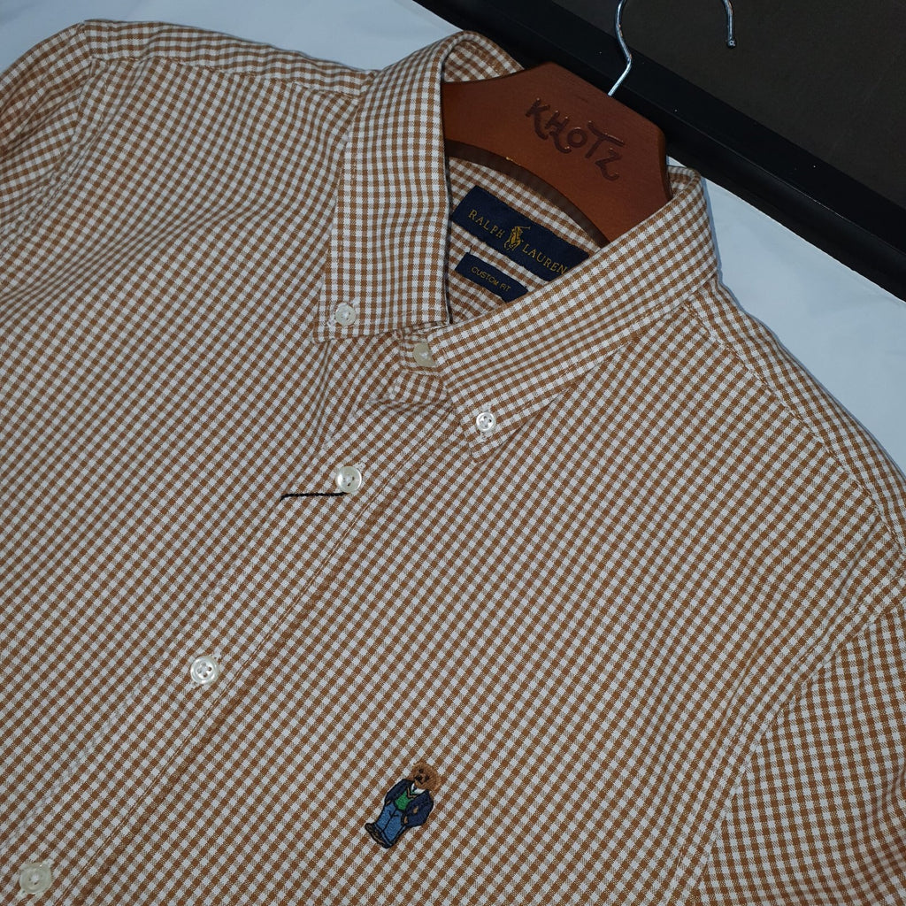 Camisa Ralph Lauren Masculina Oxford Micro Xadrez Clássico Marrom Urso Americano