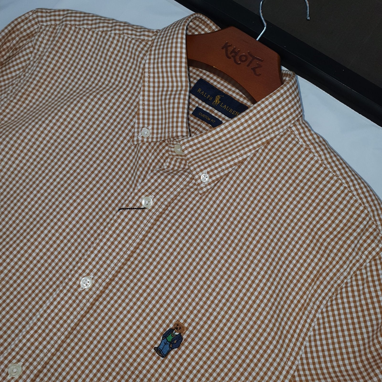 Camisa Ralph Lauren Masculina Oxford Micro Xadrez Clássico Marrom Urso Americano