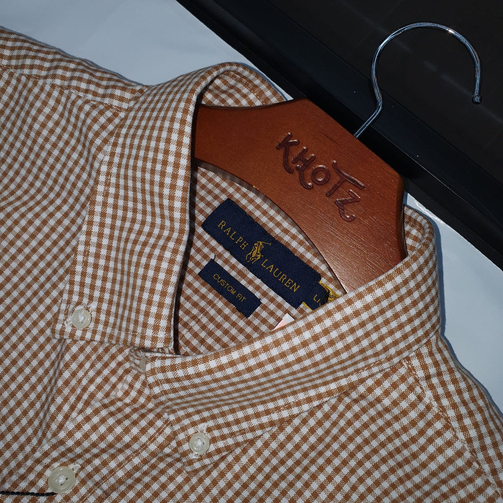 Camisa Ralph Lauren Masculina Oxford Micro Xadrez Clássico Marrom Urso Americano