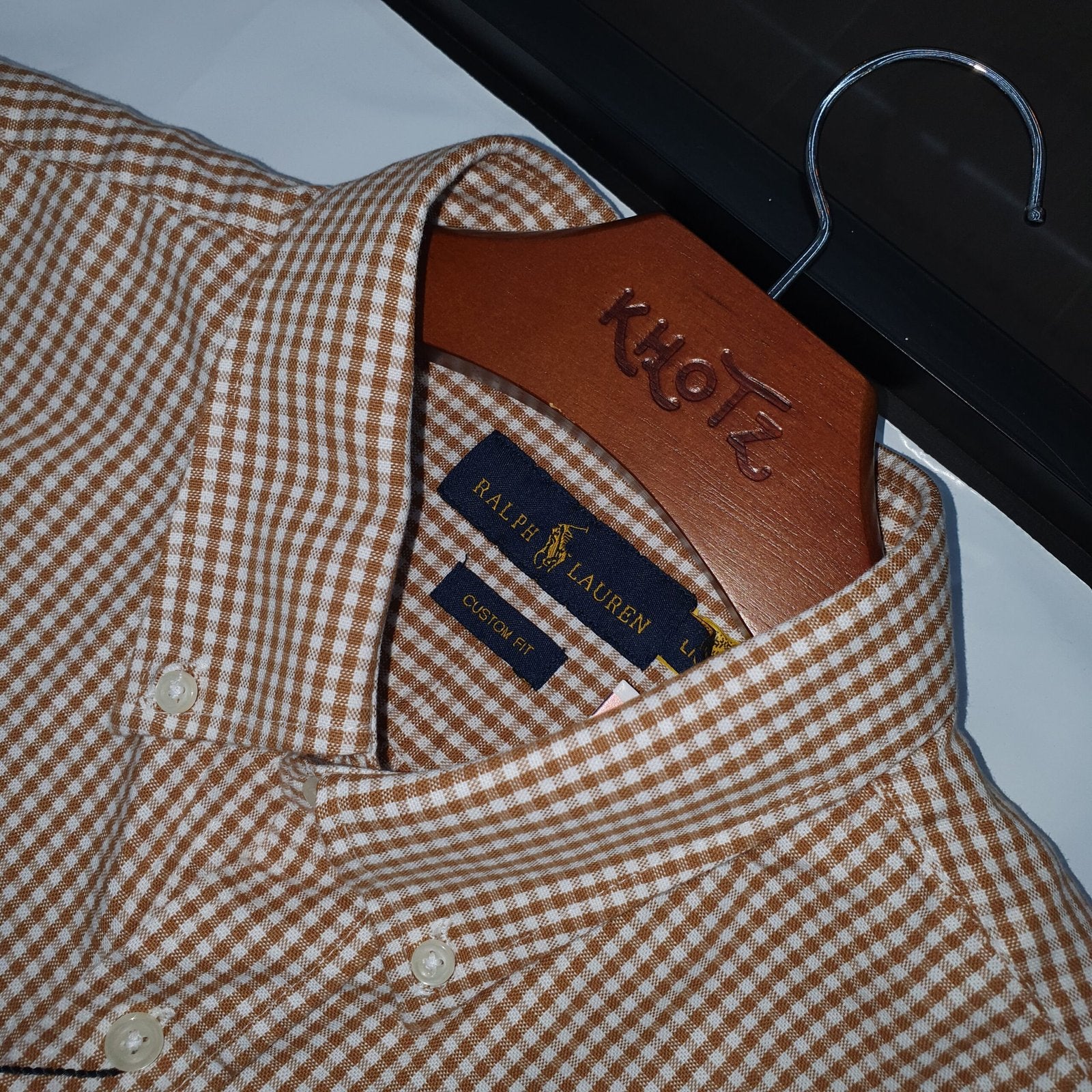 Camisa Ralph Lauren Masculina Oxford Micro Xadrez Clássico Marrom Urso Americano